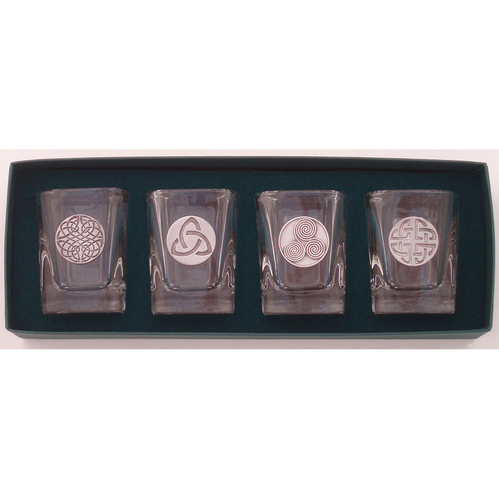 Set of 4 Shot Glasses with Pewter Celtic Swirls, Trinity, Celtic Medallions
