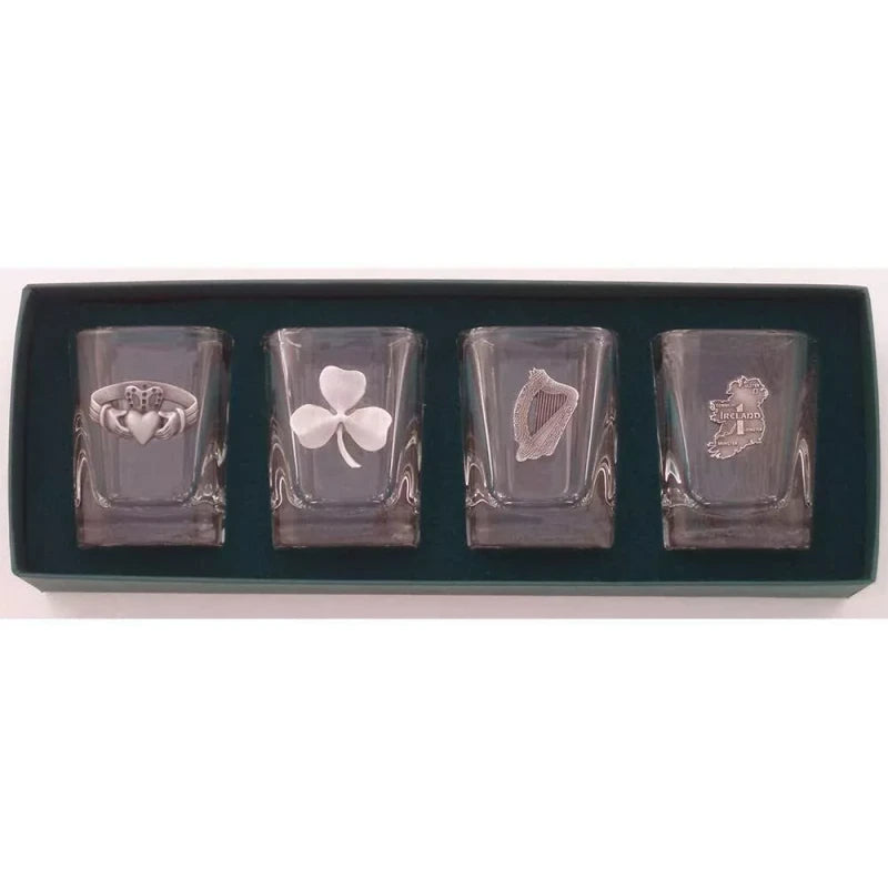 Set of 4 Shot Glasses with Pewter Celtic Medallions