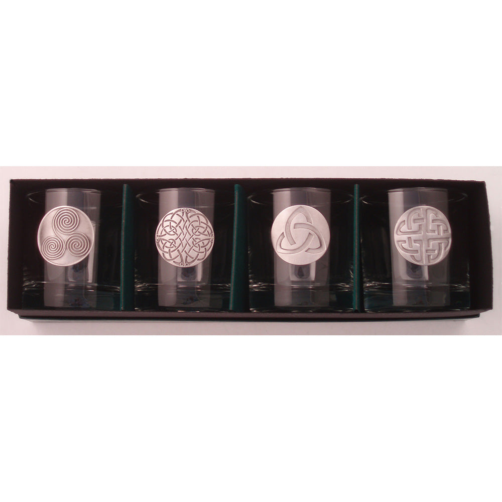 Set of 4 11 oz. Gift Box Low-Ball Glasses with Pewter Celtic Medallions