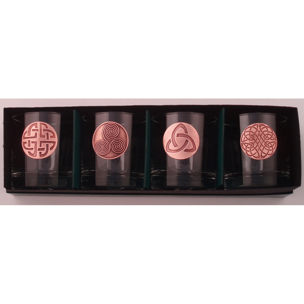 Set of 4 11 oz. Gift Box Low-Ball Glasses with Copper Celtic Medallions