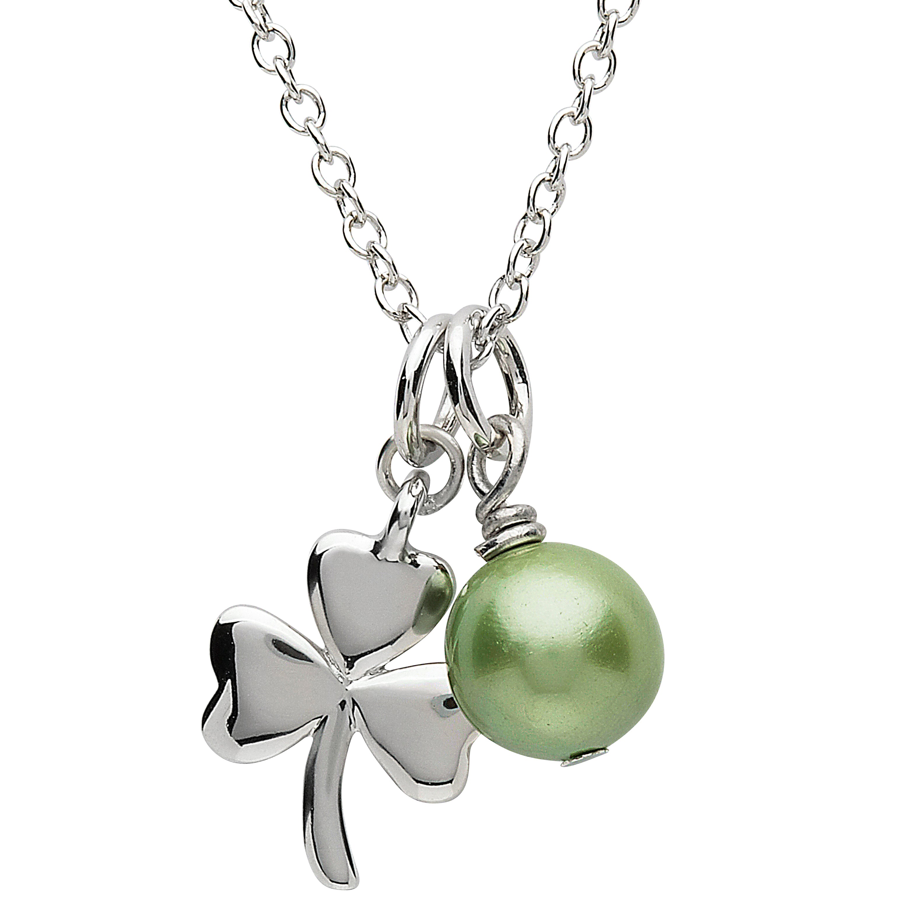 Luxurious Platinum Plated Small Shamrock and Green Pearl Pendant