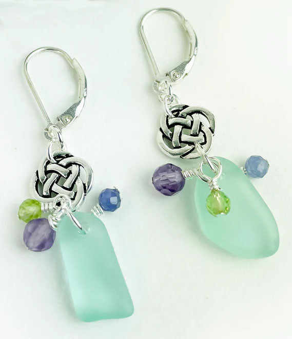 Round Celtic Knot with Green Sea Glass Earrings