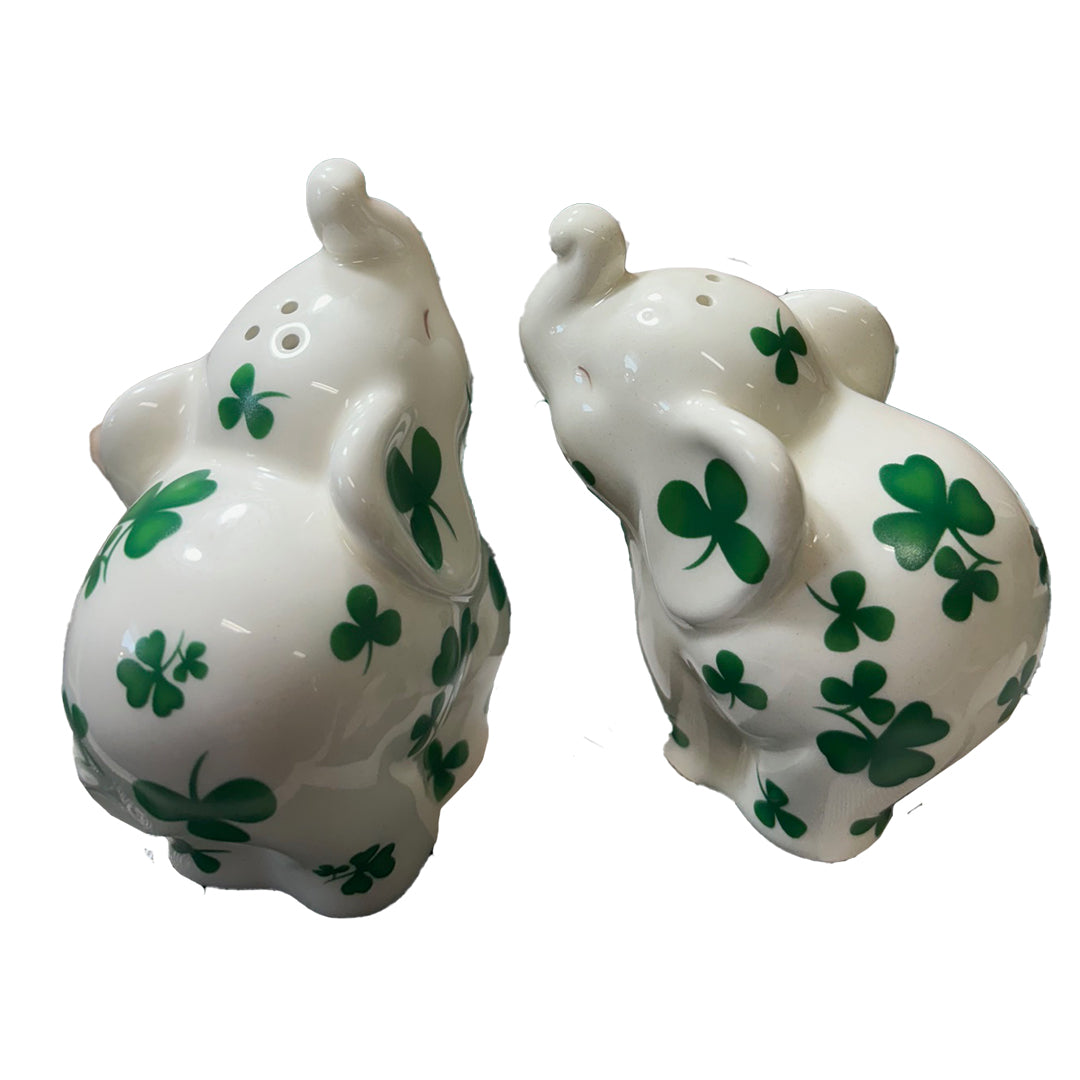 Elephant Salt & Pepper Shaker Set with Green Shamrocks