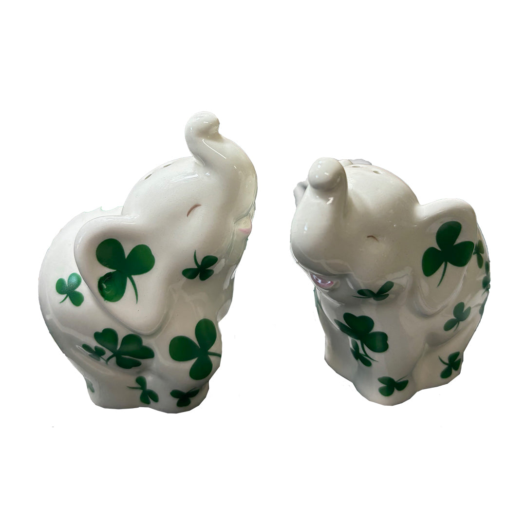 Elephant Salt & Pepper Shaker Set with Green Shamrocks